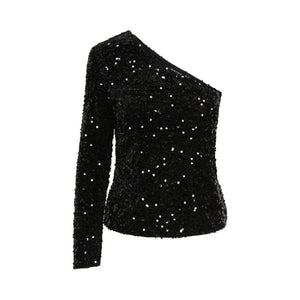 Pieces - PCKAM One Shoulder Pailletbluse i Sort - REUSERS