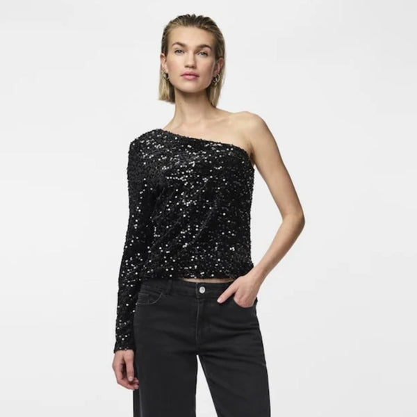 Pieces - PCKAM One Shoulder Pailletbluse i Sort - REUSERS