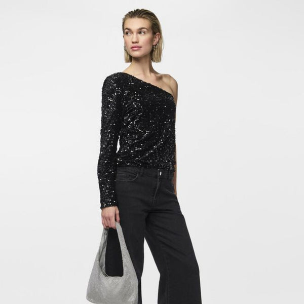 Pieces - PCKAM One Shoulder Pailletbluse i Sort - REUSERS